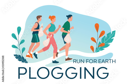 Plogging. People pick up trash during a jog. Woman and man collect