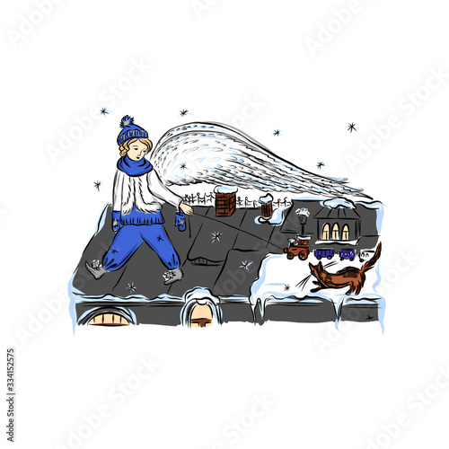 Angel boy rolls toy car on rope walking on roof house with cat under snowfalls. Fairy book illustration. 