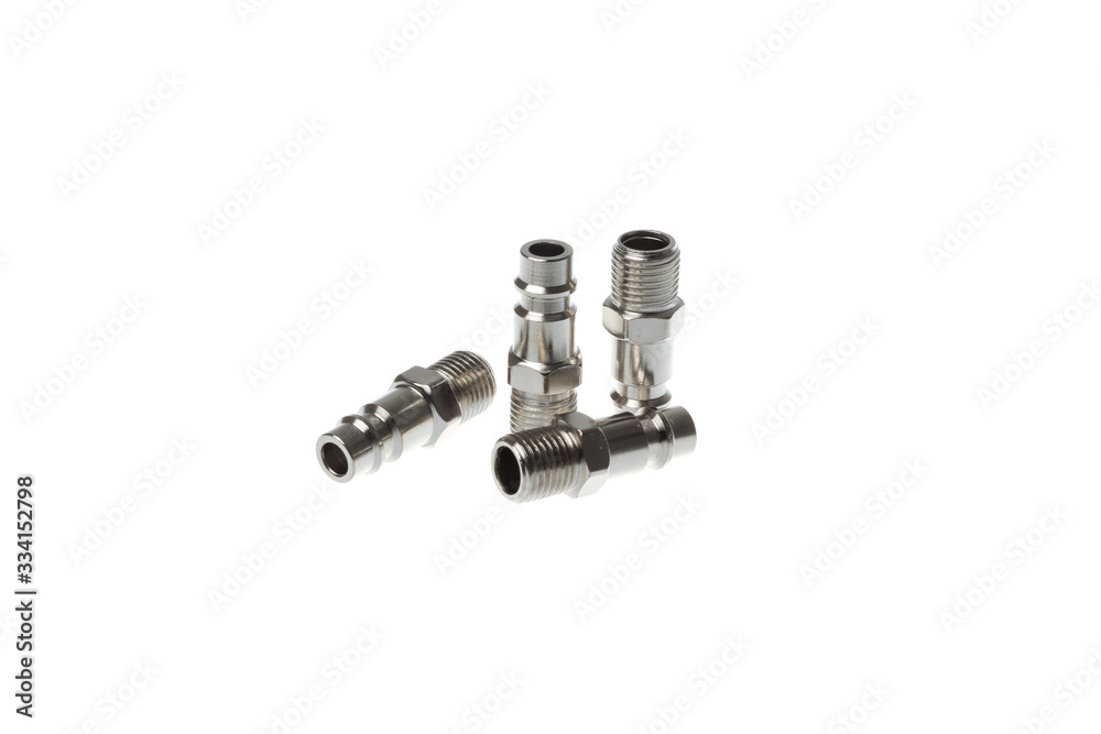 Set of steel quick couplings to male thread adapter, isolated on white background Set of steel quick couplings to male thread adapter, isolated on white background
