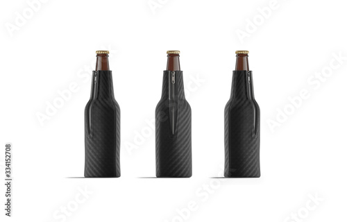 Blank black collapsible beer bottle koozie mock up, isolated photo