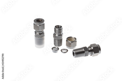 Disassembled steel coupling set for quick metal pipe connection with thread, isolated on white background