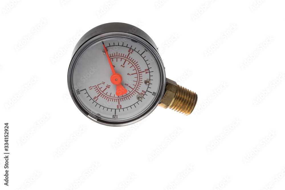 Black plastic manometer gauge with dial for pressure measurement made with brass male thread, isolated on white background Black plastic manometer gauge with dial for pressure measurement made with brass male thread, isolated on white background