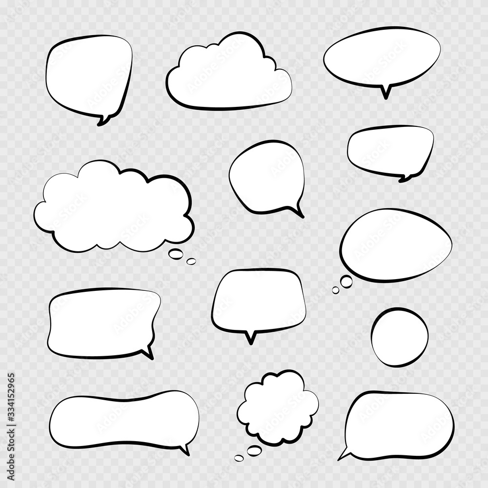 Speech bubbles. Comic talking bubble, dialogue or thinking cloud. Isolated cartoon chat balloons vector set. Speech sketch bubble, dialogue message comic illustration Speech bubbles. Comic talking bubble, dialogue or thinking cloud. Isolated cartoon chat balloons vector set. Speech sketch bubble, dialogue message comic illustration