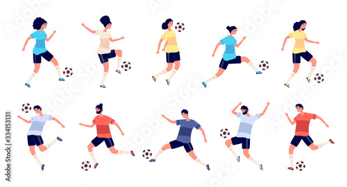 Football players. Soccer sportsman, people playing with ball. Athlete goal and kick, isolated sport action and workout vector illustration. Soccer athlete, sport play action, player playing