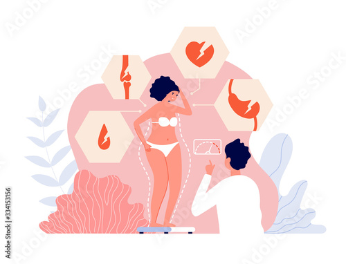 Fats problems. Medicine care, obesity and lazy lifestyle. Doctor and overweight girl. Diabetes, heart disease due high weight vector concept. Obesity overweight problem, unhealthy organ illustration