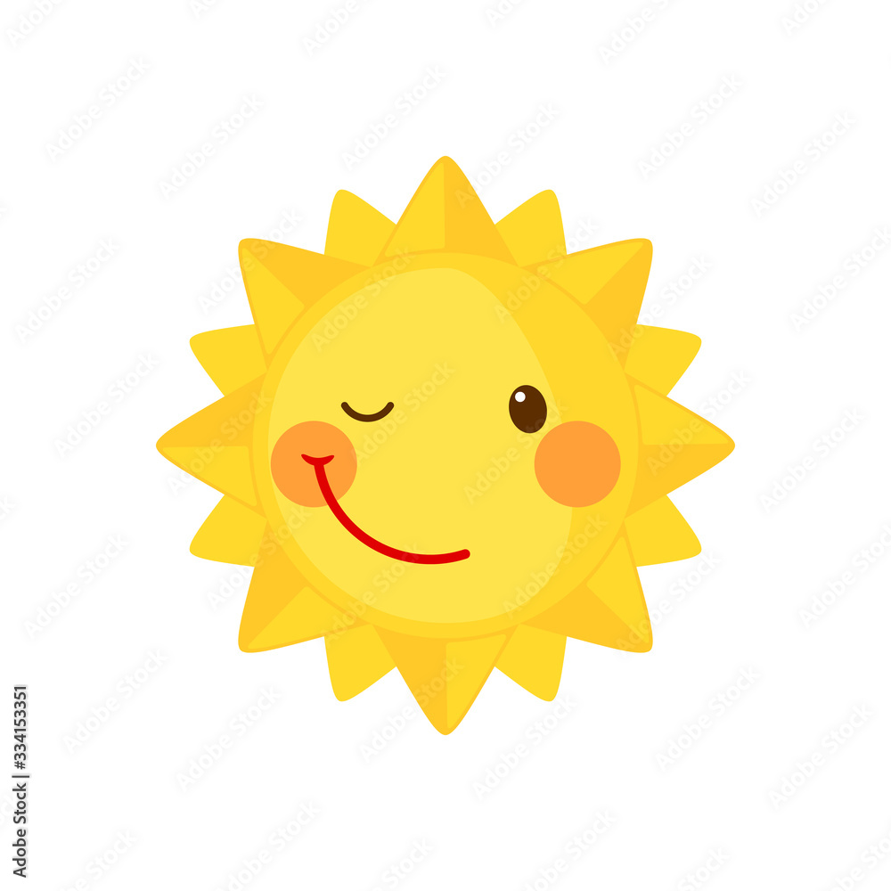 Funny winking Sun icon in flat style isolated on white background.
