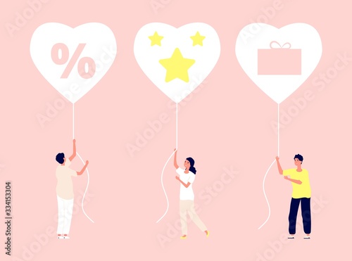Loyalty program. Discounts, bonuses and gifts for customers. Managers hold balloons with bonus system symbols vector illustration. Loyalty program, gift bonus discount