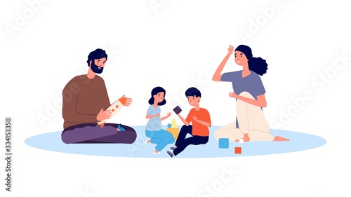 Parenthood concept. Happy family playing. Mother father son and daughter vector characters. Mother and father, daughter and son illustration