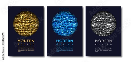 Modern cards design. Abstract shining invitation templates with gold and silver elements. Metallic chain mail or disco ball vector flyers. Glitter sparkle, luxury effect, glamour glowing illustration