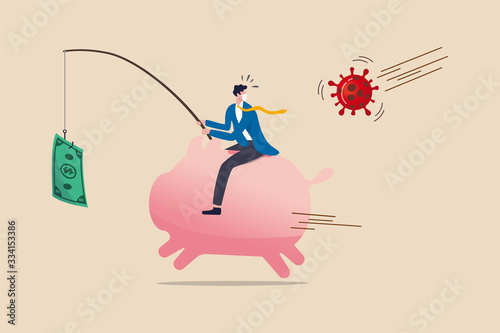 Coronavirus crisis money stimulus policy, QE or money injection to aid economics and business to survive in COVID-19 outbreak, businessman riding piggy bank fishing with money banknote run from virus.