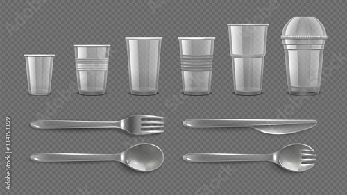 Realistic disposable tableware. Plastic take away glasses and cutleries. Isolated mugs for juices and freshes, spoon, fork and knife vector elements. Plastic cutlery, utensil dishware illustration