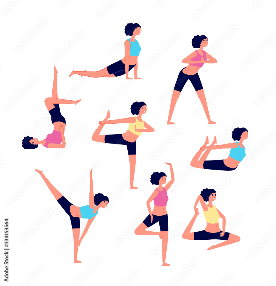 Vetor de Yoga workout. Female stretching exercises. Sport different poses  for women. Athlete warms up muscle, active fitness girls vector characters.  Fitness pose yoga, exercise workout illustration do Stock