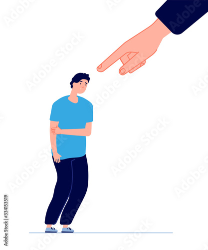 Guilt concept. Shame young male, humiliated behaviour problem. Isolated foolish manager or ashamed man. Mental conflict vector illustration. Guilt character person, young man sad and feel guilty