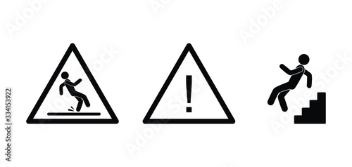 stick figure icon man falls, slippery floor sign, isolated silhouettes of people