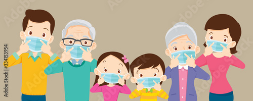 big family  wearing a surgical mask to prevent virus covid-19 with copy space for banner