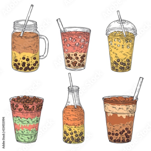 Bubble tea. Taiwan dessert cup. Fruit milk, smoothie or mocha drinks. Sketch delicious summer drinking, isolated mugs for menu vector set. Beverage tea bubble, cocktail milky, sweet drink illustration