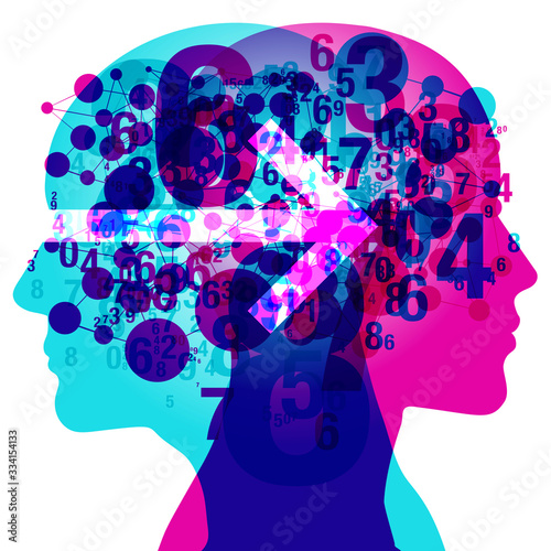 A Male and Female side silhouette profile overlaid with various blending semi-transparent jigsaw shapes. Overlaid within the centre is a semi glowing arrow pointing horizontally to the right.