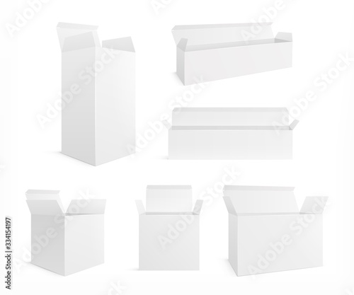 Open realistic box. White carton opening boxes. Blank cosmetic pack and container mockup. Isolated blank medicine or gift package vector set. Illustration open box, package realistic
