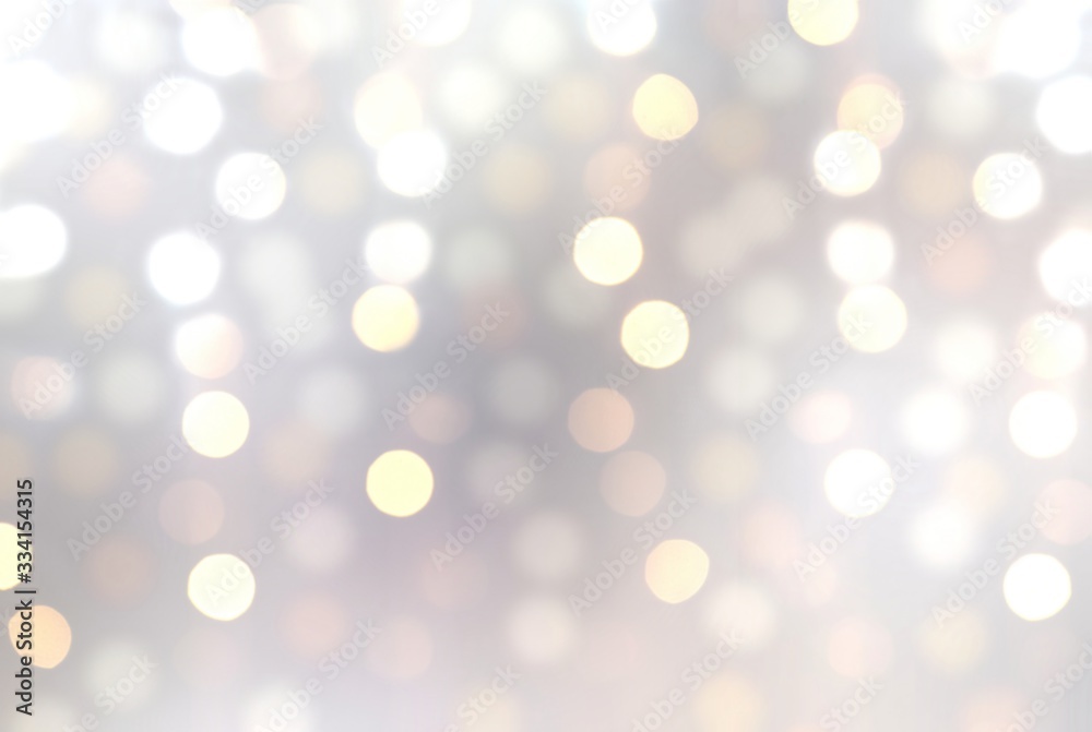 Bokeh lights on silver blurry background. Shimmer garland abstract pattern. Winter holiday decorative illustration.