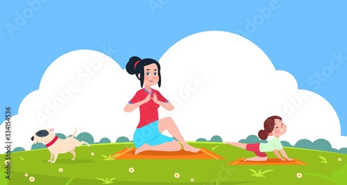 Family yoga. Girl outdoor, stretching exercise in park. Mother daughter doing fitness or gymnastics training. Sport workout vector illustration. Mother and daughter do yoga in park