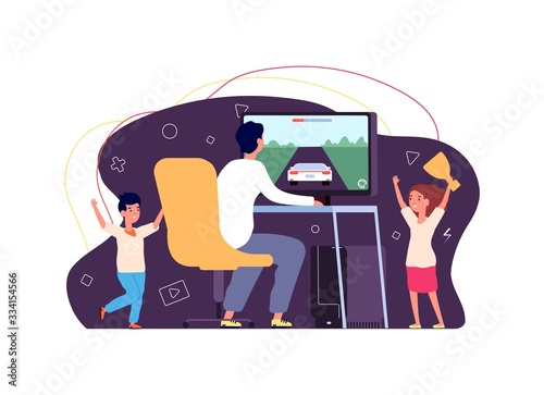 Gamer and fans. Cyber sports games. Videogames, guy and cheering fans. Brother sister with computer. Happy children vector illustration. Gamer cyber, video player sport, game pc