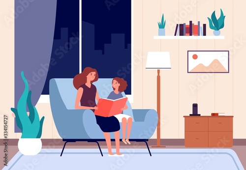 Mother reading book. Mom read bedtime story to her daughter. Night fairytale, happy childhood. Parent, woman and girl in living room vector illustration. Daughter and mom, mother reading book