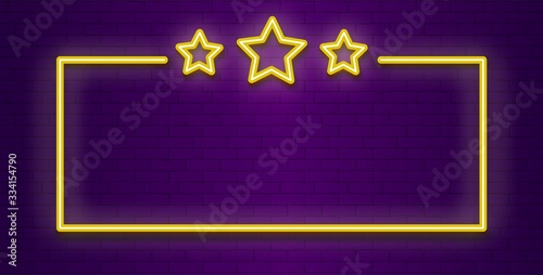 Neon stars frame. Lighting transparent color winner banner. Light effect, fluorescent glow vector sign. Neon illuminated, billboard glowing advertising, advertisement signboard illustration