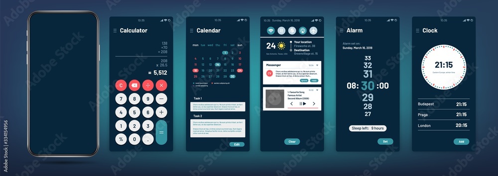 © MicroOne - Phone interface. Modern mobile application template. Calendar, clock, alarm and calculator web banner. Smartphone with blank screen vector mockup. Mobile phone ui application, smartphone illustration