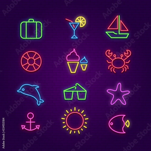 Summer icons. Summertime lighting neon symbols. Sunglasses, cocktail, jacht and fish glowing led vector set. Drink lighting cocktail, illuminated ice cream badge, brightly yacht illustration