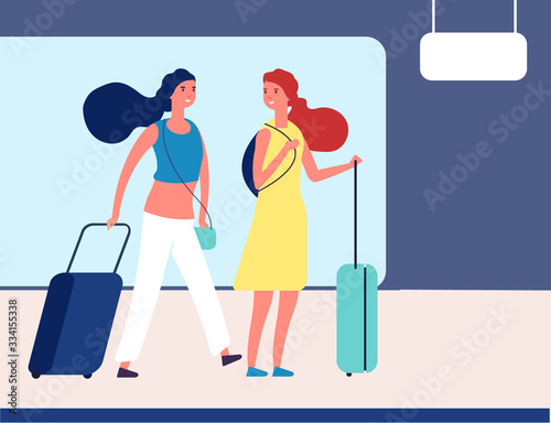 Girls with suitcases. Young travellers in airport or bus station. Female passengers with luggage on station waiting transport vector illustration. Woman travel, wait bus near terminal