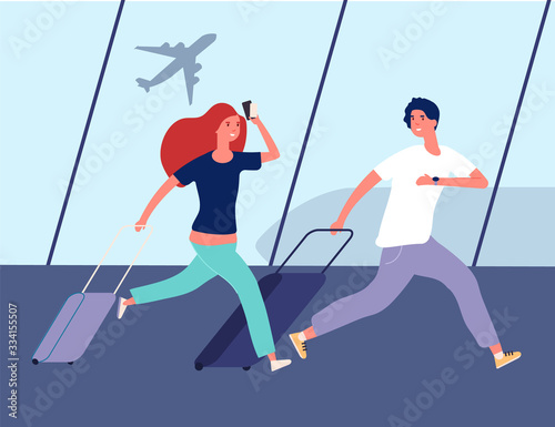 People in airport. Young couple run to airplane. Man woman with suitcases. Family vacations or summer rest vector illustration. People running hurry registration airplane, traveler trip with suitcase