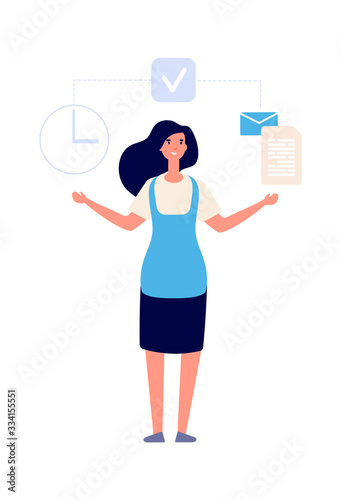 Time management. Woman business assistance, secretary work. Happy businesswoman and tasks, work organization vector illustration. Worker female, professional office assistant manager