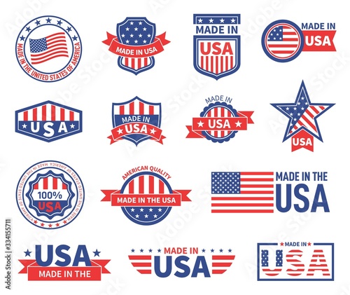 American labels. Made in usa seal badges design. Patriotic logo or stamp. Isolated tags with flag of america and star symbols vector set. American quality product, banner made in usa illustration