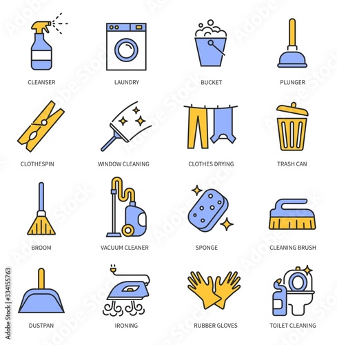 Laundry cleaning service. Hand clean, cloth and home cleanup. Washing machine, ironing and housekeeping equipment detergent vector icons. Illustration service laundry, bucket and cleaner, clothespin