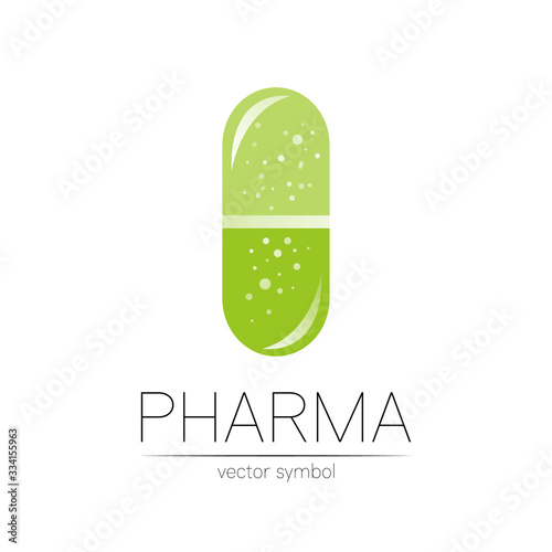 Pharmacy vector symbol for pharmacist, pharma store, doctor and medicine. Modern design vector logo on white background. Pharmaceutical green icon logotype tablet pill capsule. People health industry