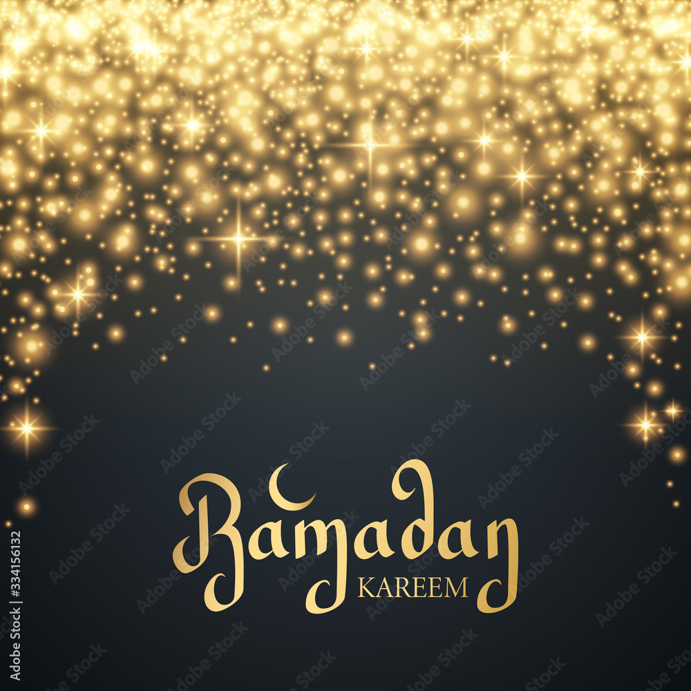 Ramadan Kareem celebrate card with hand drawn lettering and gold glittering sparks. Luxury Ramadan Holy Month background. Vector illustration.