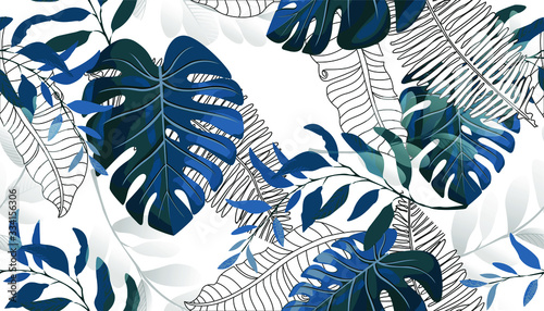Summer hawaiian seamless pattern with exotic tropical plants, palm tree, monstera leaves