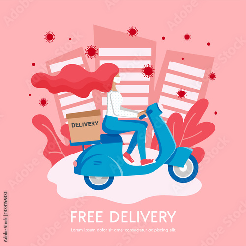 Free city delivery, stop coronavirus stay home banner, 2019-nCoV pandemic caution quarantine. Girl courier in medical mask delivers box on scooter. Non contact shipping service vector illustration