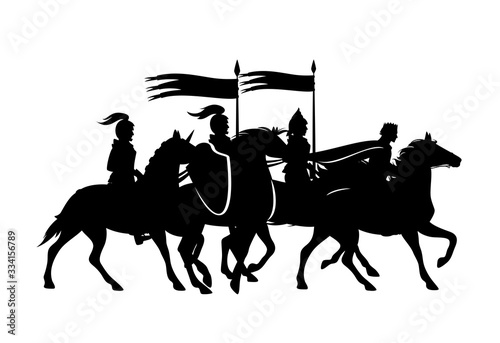 medieval king and warriors riding horses with flying banners - vector set of black silhouettes (all figures are editable separately)