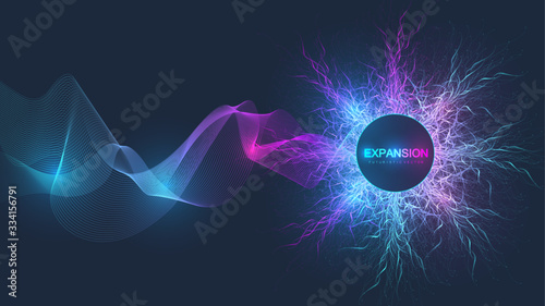 Expansion of life. Colorful explosion background with connected line and dots, wave flow. Visualization Quantum technology. Abstract graphic background explosion, motion burst, vector illustration