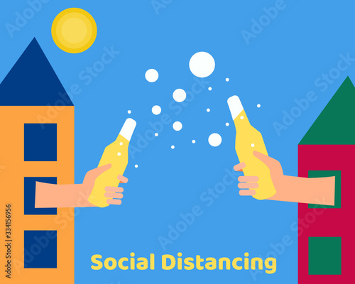 Social Distancing with COVID-19 crisis concept:There are two hands from their apartments hold bottle of cold beer for celebrate together. Protect corona virus. Cartoon vector style for your 