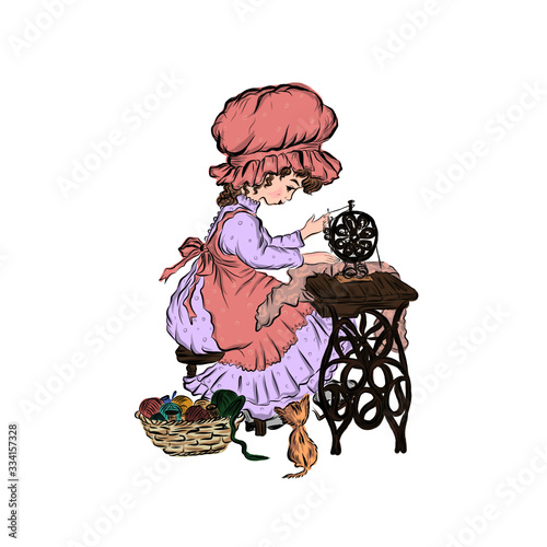 Little seamstress sews on vintage sewing machine. 