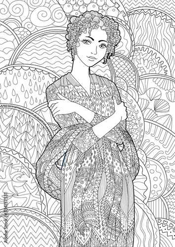 Coloring book for adults with beautiful lady in the empire style