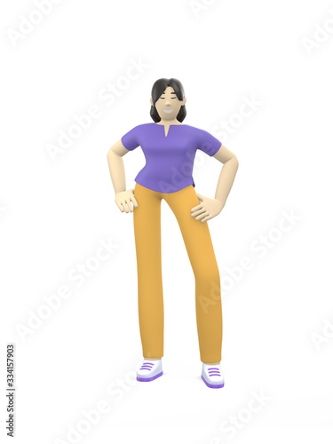3D rendering character of an Asian girl standing in a free pose. Happy cartoon people, student, businessman. Positive illustration is isolated on a white background. © photolas