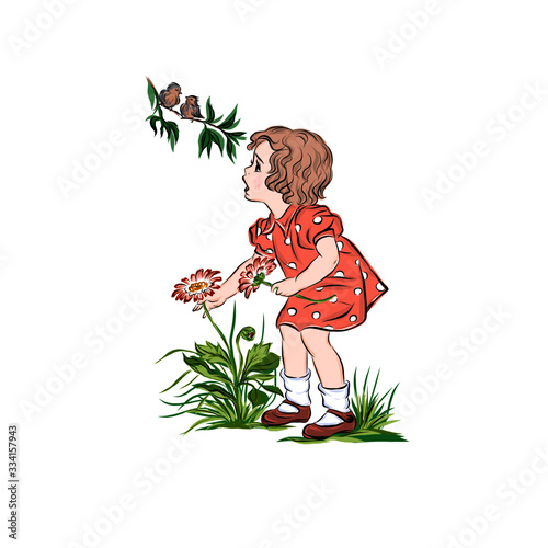 Girl picks flower and surprise see the chicks sitting on branch. 