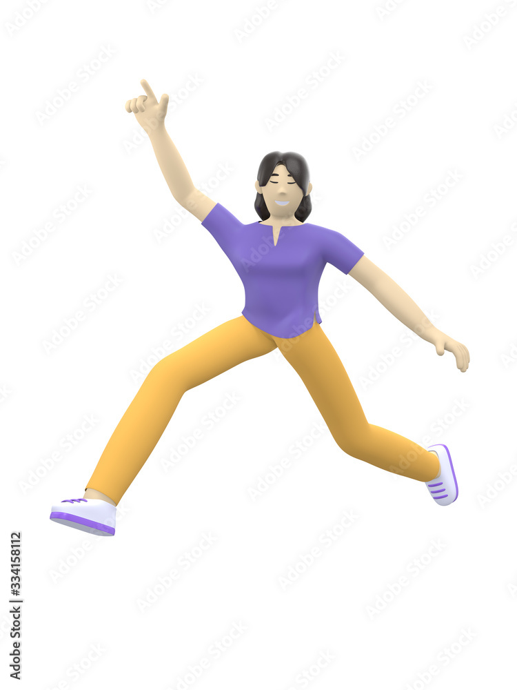 3D rendering character of an Asian girl jumping and dancing holding his hands up. Happy cartoon people, student, businessman. Positive illustration is isolated on a white background.