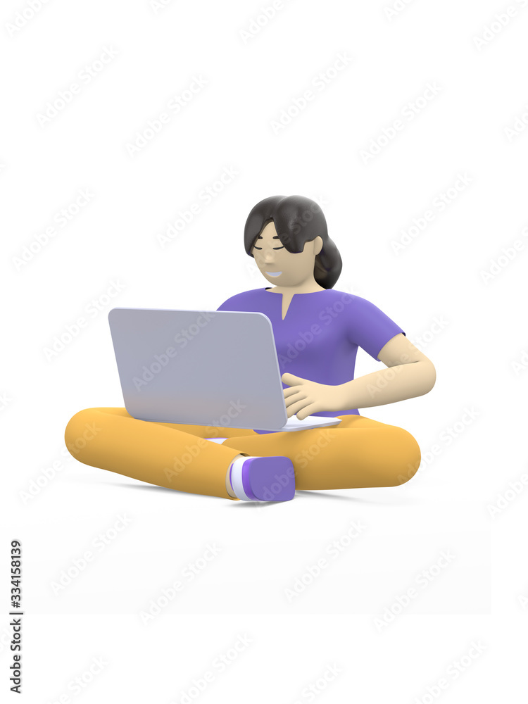 3D rendering character of an Asian girl sitting in lotus position with a laptop. The concept of study, business, leader, startup. Positive illustration is isolated on a white background. 3D rendering character of an Asian girl sitting in lotus position with a laptop. The concept of study, business, leader, startup. Positive illustration is isolated on a white background.