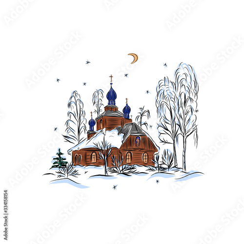 orthodox temple in the forest with starry sky and moon