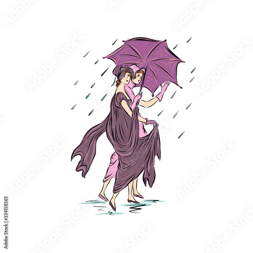 Couple of ladies in vintage style walk under an umbrella in rainy weather. Two twins sisters. Ladies in vintage style. 