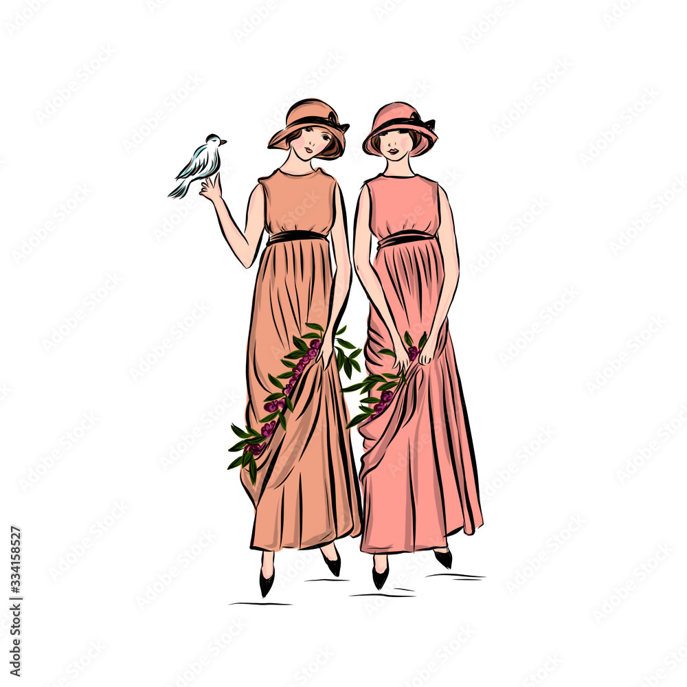 Twins ladies dressed in hat, long pink dress decorated flowers in vintage style from the nineteenth century. Woman holding bird. 